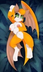 3_toes absurd_res anthro barefoot bat biped blush breasts dakimakura dakimakura_design digital_media_(artwork) dust:_an_elysian_tail e-01 fangs feet female fet fidget_(elysian_tail) fur genitals green_eyes hair hi_res looking_at_viewer lying mammal membrane_(anatomy) membranous_wings nimbat nipples nude on_back orange_body orange_fur pinup pose presenting simple_background smile solo spread_legs spreading tail teeth toes vulva white_body wings