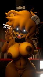 3d animatronic ass big_ass big_breasts big_butt big_thighs blowjob blowjob_face bowtie breasts dialogue five_nights_at_freddy's fredina's_nightclub golden_freddy_(fnaf) golden_fredina_(cally3d) goldie grabbing grabbing_breasts hips pussy robot robot_girl solo television thick_pussy thick_thighs type_09 white_eyes