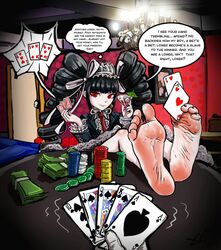 1girls background barefoot black_hair card celestia_ludenberg clothed_female clothing danganronpa danganronpa_1 dialogue distraction drink english_text eyelashes feet female female_focus foot_fetish foot_focus front_view fully_clothed gambling gloves hair holding_card holding_drink holding_object indoors legs_up light-skinned_female light_skin long_hair looking_at_viewer money necktie neckwear pale-skinned_female pale_skin poker pov red_eyes room signature slave soles solo_focus speech_bubble table text thought_bubble toes xeiss