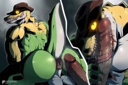 absurd_res alligator alligatorid animate_inanimate anthro anus ass balls barazoku big_balls big_butt big_penis bna_v5 claws clothing color cowboy crocodilian deltoids duo evil_gummigoo_(tadc) fellatio food food_creature gay gay_blowjob gay_male genitals glans glitch_productions glowing glowing_eyes gummigoo_(the_amazing_digital_circus) hat hat_only headgear headgear_only headwear headwear_only hi_res hjsakldfhl_(tadc) homosexual homosexual_male homosexuality huge_balls huge_butt huge_cock imminent_anal internal internal_oral male male/male manly mostly_nude muscular muscular_anthro muscular_arms muscular_legs muscular_male muscular_thighs nude oral oral_penetration penetration penile penis pupils reptile scalie sex slit_pupils tail the_amazing_digital_circus thick_arms thick_penis thick_thighs twitter_link vein veiny_penis x-ray_view yaoi yellow_eyes yellow_sclera
