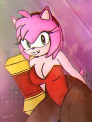 1girls amy_rose breasts bunnysuit cleavage female female_only hammer headband leotard pantyhose piko-piko_hammer piko_piko_hammer sonic_(series) sonicfreak thick_thighs wide_hips