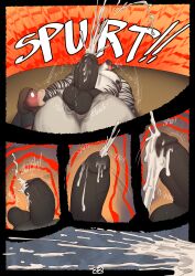 5_panel_comic anthro azathura balls big_penis black_clothing black_nipples black_penis black_shirt black_stripes black_topwear blush bodily_fluids bottomwear brown_body brown_hair clenched_teeth clothed clothing comic cum cum_on_balls cum_on_penis cum_splatter duo ejaculation english_text equid equine erection excessive_cum excessive_genital_fluids eyewear genital_fluids genitals glans glasses hair hi_res horse humanoid_genitalia humanoid_penis looking_at_genitalia looking_at_penis lying male male/male mammal multiple_scenes nipples on_back onomatopoeia open_bottomwear open_clothing open_mouth open_pants orgasm_face page_number pants penis shirt size_difference sound_effects stripes teeth text thayne_(azathura) topless topwear unnamed_character vein veiny_penis white_body zebra