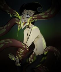 1boy bodily_fluids clothed clothing digital_media_(artwork) don't_starve don't_starve_together dont_starve dont_starve_together drooling hair human klei_entertainment looking_up male male_only mammal open_mouth partially_clothed restrained salinex saliva simple_background slime solo tentacle tentacle_on_male tentacles_under_clothing tongue tongue_out topless video_games wilson_percival_higgsbury