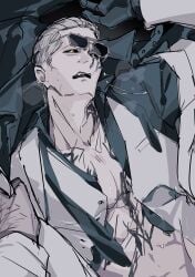 2boys belly black_sclera blonde_hair cropped eyewear_on_head gloves gold_eyes implied_sex male_focus nothing_673 partially_clothed pinned pinned_down resident_evil resident_evil_9:_requiem sex submissive_male suit suit_and_tie sunglasses tummy undone_necktie undone_shirt victor_gideon yellow_eyes zeno_(resident_evil_requiem)