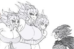 4girls angry awake_(artist) big_breasts godzilla_(series) horns huge_breasts imminent_sex king_ghidorah long_hair monster_girl rodan scar sharp_teeth siblings sisters