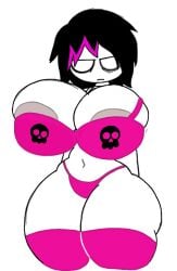 1girls aerolae big_ass big_breasts black_hair depressed emma_(woodsglue) female grey_nipples huge_breasts huge_thighs human legwear nipples no_nose original_character panties pink_bra pink_highlights pink_legwear pink_panties sad skull thick_thighs white_eyes white_skin woodsglue