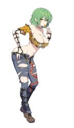 1girls bangs belt big_breasts breasts clothed clothed_female clothing crossover earring female female_ninja green_hair hikage_(senran_kagura) human jeans kunoichi licking lollipop looking_at_viewer lost_sword:_tales_of_britania marvelous ninja official_art orange_eyes pants ripped_clothing ripped_pants ripped_shirt senran_kagura senran_kagura_burst short_hair snake snake_eyes tagme tattoo tattoo_on_breast tattoo_on_neck transparent_background unbuckled_belt