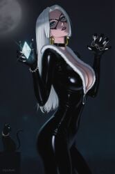 1girls artist_signature belly belly_button big_breasts black_cat_(cosplay) blue_eyes boa_hancock bracelet breasts cat_eyes choker cleavage crossover_cosplay dark_lipstick earrings eyeshadow feline female female_only fog fur highres hot latex latex_bodysuit latex_clothing latex_gloves lipstick long_hair long_nails marvel mask masked_female mommy moon moonlight nail_polish nails navel necklace no_bra one_piece prixmal sexy sexy_body sexy_female sexy_pose straight_hair thick_ass thick_thighs white_hair