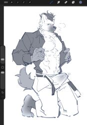 1boy abs arknights art_program_in_frame bara biceps black_hair black_shirt blush bulge closed_mouth commentary dmsjji12 english_commentary erection erection_under_clothes eyebrow_piercing face_piercing furry furry_male highres hyena_boy hyena_ears hyena_tail kneeling looking_at_viewer male_focus monochrome muscular muscular_male navel nipples open_pants pants pectorals piercing shirt spot_(arknights) unbuttoned undressing unfinished white_background white_pants