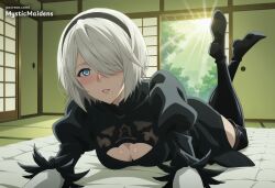 2b_(nier:automata) ai_generated anime anime_style artist_name black_dress black_footwear black_hairband black_thighhighs blue_eyes blush boots breasts cleavage cleavage_cutout clothing_cutout dress feather-trimmed_sleeves female gloves hair_over_one_eye hairband hentai hi_res indoors juliet_sleeves long_sleeves looking_at_viewer lying medium_breasts mole mole_under_mouth mystic_maidens nier nier:_automata nier_(series) no_blindfold on_stomach parted_lips patreon puffy_sleeves short_hair sliding_doors solo tatami thigh_boots thighhighs thighhighs_under_boots white_hair yorha_2b