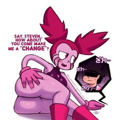 1boy 1girls alternate_costume ass ass_grab big_ass black_hair blush breasts bubble_butt cartoon_network flirting gem gem_(species) gloves hand_on_ass low_res nervous pink_eyes pink_hair pink_skin sonikku spinel_(steven_universe) steven_quartz_universe steven_universe text thick_thighs tight_clothing twintails