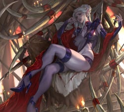 1girls 2026 aleriia_v baldur's_gate baldur's_gate_3 crossed_legs detailed_background drow elf elf_ears elf_female female female_only heels hi_res lerapi looking_at_viewer minthara pointy_ears red_eyes sitting solo thick_thighs white_hair