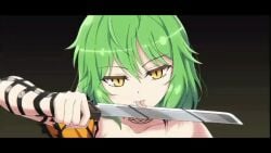 1girls animated animated_gif big_breasts bouncing_breasts breasts breasts_out convenient_censoring crossover female female_ninja green_hair hikage_(senran_kagura) human knife kunoichi legs_apart licking licking_knife lost_sword:_tales_of_britania marvelous ninja orange_eyes ripped_clothing ripped_shirt senran_kagura senran_kagura_burst short_hair snake_eyes solo stripping tattoo tattoo_on_neck