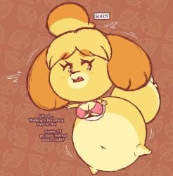 1girls animal_crossing anthro ass_expansion breast_expansion dialogue dog_girl head_inflation huge_ass hyper hyper_ass hyper_breasts inflation isabelle_(animal_crossing) massive_ass monobutt monobutt_expansion partially_clothed sequence skullgeist solo solo_female solo_focus tail_inflation text