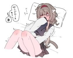 22_rink alternate_costume animal_ear_fluff animal_ears between_legs blush brown_hair brown_sailor_collar brown_skirt cat_ears cat_girl cat_tail closed_eyes commentary crotch_rub female female_masturbation genshin_impact hairband heart heavy_breathing implied_masturbation kemonomimi_mode long_sidelocks long_sleeves lying masturbation on_bed pillow pleated_skirt sailor_collar sandrone_(genshin_impact) school_uniform serafuku shirt short_hair short_hair_with_long_locks sidelocks simple_background skirt smelling smelling_clothes solo sweat tail translation_request trembling untranslatable_commentary
