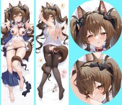 alternate_costume animal_ear_fluff animal_ears arknights arknights:_endfield backless_swimsuit bandaid bandaid_on_pussy barefoot belt belt_collar black_pantyhose blue_skirt blush bow bowtie breasts brown_hair collar commentary_request cross cross_pasties dakimakura_(medium) diamond-shaped_pupils diamond_(shape) double-parted_bangs extra_ears female fox_ears fox_girl fox_tail from_behind full_body gilberta_(arknights:_endfield) groin hair_between_eyes headpiece highres id_card infection_monitor_(arknights) lanyard large_breasts long_hair looking_at_viewer loose_bowtie love_letter multiple_views navel orange_eyes paid_reward_available panties panty_pull pantyhose partially_unbuttoned pasties pleated_skirt reaching reaching_towards_viewer red_belt ribbed_sweater shirt skirt skirt_around_one_leg socks stomach sweater symbol-shaped_pupils tail tail_wrap torn_clothes torn_pantyhose twintails underwear undressing unworn_socks very_long_hair virgin_killer_sweater watermark wet wet_clothes white_shirt white_sweater zi_tong_zhi_lei