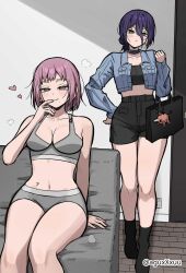 2d 2d_(artwork) 2d_artwork 2girls aguxxxuu arm_support bare_arms bare_belly bare_chest bare_hands bare_hips bare_knees bare_legs bare_navel bare_shoulders bare_skin bare_thighs belly belly_button black-haired_female black_choker black_hair black_skirt bra breasts chainsaw_man choker cleavage closed_mouth_smile collarbone curvaceous curvaceous_body curvaceous_female curvaceous_figure curvaceous_hips curvaceous_teenager curvy curvy_body curvy_female curvy_figure curvy_hips curvy_teen death_devil_(chainsaw_man) digital digital_art digital_drawing digital_drawing_(artwork) digital_media digital_media_(artwork) drawing earrings elbows exposed_arms exposed_belly exposed_chest exposed_hips exposed_knees exposed_legs exposed_navel exposed_shoulders exposed_skin exposed_thighs eyebrows_visible_through_hair female female_focus female_only fingers frown frown_eyebrows frowning frowning_at_viewer full_body green-eyed_female green_eyes grey_bra grey_panties grey_underwear groin hair_between_eyes half_naked half_nude heart high_resolution highres hourglass_figure indoor indoor_nudity indoors knees lean_figure legs legs_closed legs_together long_hair matching_underwear medium_breasts medium_hair midriff mole_on_face mole_under_each_eye mole_under_eye mole_under_eyes mole_under_mouth multiple_females multiple_girls naked naked_female naked_woman narrow_waist navel nude nude_female nudity panties pink-eyed_female pink_eyes purple-haired_female purple_hair reze_(chainsaw_man) ring_eyes ringed_eyes semi_nude shoulders sitting skirt slender_body slender_waist slim_female slim_waist smile smiley_face smiling smiling_at_viewer thick_thighs thighs thighs_together underwear underwear_only wide_hips