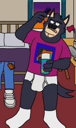 3:5 anthro bed bedroom black_body black_fur black_nose blue_bottomwear blue_clothing blue_pants bottomwear briefs brown_wallet brush brushing brushing_hair bulge canid canine clothed clothing curtains desktop_computer detailed_bulge discarded_footwear eddicus edgar_(eddicus) footwear fur furniture genital_outline hair hi_res male mammal monotone_briefs monotone_clothing monotone_underwear orange_sky pants pants_off pantsless pantsless_anthro pantsless_male penis_outline personal_grooming purple_clothing purple_shirt purple_sky purple_t-shirt purple_topwear shirt shoes sky socks solo styling_hair t-shirt tighty_whities tongue tongue_out toony topwear underwear wallet white_briefs white_clothing white_footwear white_shoes white_socks white_underwear