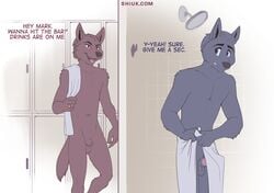 animal_genitalia anthro balls canid canine canis duo english_text erection fur genitals grey_balls grey_body grey_fur grey_sheath hi_res inside male male_only mammal monotone_balls monotone_body monotone_ears monotone_fur monotone_genitals monotone_tail navel penis pink_penis ring sheath shiuk shoulder_tuft shower text towel towel_on_shoulder towel_only tuft url wolf