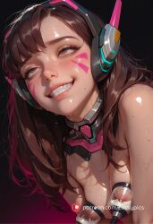 ai_generated blush booty brown_eyes brown_hair close-up cute cute_face d.va facial_markings female female_only firm_ass lactation long_hair milk milking milking_breasts milking_machine overwatch perky_breasts petite petite_body petite_breasts pleasure_face rolling_eyes slender_body slim_waist small_breasts smile suction_cups thin uwu