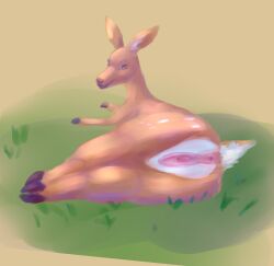 absurd_res animal_genitalia anus ass big_butt cutomorrow deer digital_media_(artwork) female feral fur genitals grass hi_res looking_at_viewer lying lying_on_grass lying_on_ground mammal nude on_grass on_ground on_side plant scut_tail short_tail simple_background smile solo spread_vulva spreading tail vulva