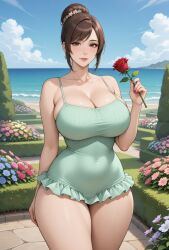 1girls ai_generated bangs brunette_hair bursting_breasts cleavage eyebrows_visible_through_hair eyelashes female frilled_swimsuit frills garden grok hair_bun hair_ornament hair_strand hedge holding_rose large_breasts light-skinned_female monokini narrow_waist ocean ocean_background rgomez007 rose_(flower) self_upload sidelocks smiling_at_viewer solo_female standing swimsuit thick_thighs tied_hair updo warm_lighting wide_hips