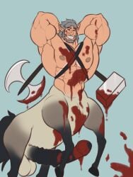 absurd_res animal_genitalia animal_penis arms_above_head blood bodily_fluids centaur covered_in_blood darkbearcave equid equid_taur equine equine_genitalia equine_penis european_mythology genitals gladiator greataxe greek_mythology hi_res horse human humanoid humanoid_taur hybrid male mammal mammal_taur mature_male muscular muscular_male mythology nipples offscreen_death penis suntan tan_line taur warhammer_(weapon) warrior yves_riviere