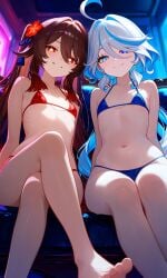 hu_tao_(genshin_impact) furina_(genshin_impact) genshin_impact flat flat_chest flat_chested flat_chested_female micro_bikini neon_lights looking_down looking_down_at_viewer barefoot wide_hips sitting crossing_legs ai_generated impacter slutty_female slutty_smile smile smile_at_viewer smiling smiling_at_viewer 2girls female_only brat bratty