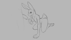 16:9 2020 all_fours anthro blush breasts duo female genitals grey_background lagomorph leporid looking_up male mammal monochrome nipples nude penis rabbit simple_background watsup widescreen