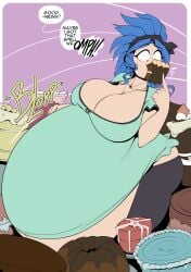 1girls 2024 belly_expansion blue_hair cleavage commission fairy_tail huge_belly huge_breasts levy_mcgarden morbidly_obese overeating solo solo_female stuffed_belly stuffing tagme vale-city