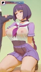 1boy 1girls 2026 ai_generated artist_name boruto:_naruto_next_generations breasts bust chest choker cock covered_nipples dick electroworld exposed_nipples female hi_res high_quality high_resolution highres kakei_sumire long_hair naruto_(series) nipples nipples_outside no_bra patreon patreon_username penis purple_eyes purple_hair school_uniform see-through shirt single_braid skirt stable_diffusion straight watermark wet wet_clothes wet_shirt