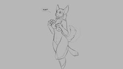 16:9 2020 anthro breasts canid canine canis dialogue domestic_dog female genitals grey_background mammal monochrome navel nipples on_one_leg open_mouth pussy simple_background smile solo standing tailwag tongue tongue_out watsup wide_hips widescreen