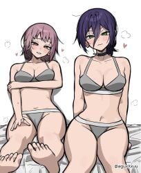 2d 2d_(artwork) 2d_artwork 2girls aguxxxuu alternate_breast_size arm_behind_back bare_arms bare_belly bare_chest bare_hands bare_hips bare_legs bare_midriff bare_navel bare_shoulders bare_skin bare_soles bare_thighs bare_toes barefoot belly belly_button black-haired_female black_choker black_hair blush blush_face blushing_at_viewer blushing_female blushing_lines bra breasts busty busty_female busty_girl busty_teen busty_teenager chainsaw_man choker cleavage collarbone curvaceous curvaceous_body curvaceous_female curvaceous_figure curvaceous_hips curvaceous_teenager curvaceous_thighs curvy curvy_body curvy_female curvy_figure curvy_hips curvy_teen curvy_thighs death_devil_(chainsaw_man) digital digital_art digital_drawing digital_drawing_(artwork) digital_media digital_media_(artwork) drawing elbows exposed_arms exposed_belly exposed_chest exposed_hips exposed_legs exposed_midriff exposed_navel exposed_shoulders exposed_skin exposed_thighs exposed_toes eyebrows_visible_through_hair feet female female_focus female_only fingers frown frown_eyebrows frowning frowning_at_viewer full_body green-eyed_female green_eyes grey_bra grey_panties grey_underwear groin hair_between_eyes hand_behind_back head_tilt heart high_resolution highres hourglass_figure inguinal_crease inguinal_ligament lean_figure legs legs_closed legs_together long_hair looking_at_viewer matching_underwear medium_breasts medium_hair midriff mole_on_face mole_under_each_eye mole_under_eye mole_under_eyes mole_under_mouth multiple_females multiple_girls narrow_waist navel panties parted_lips pink-eyed_female pink_eyes purple-haired_female purple_hair reze_(chainsaw_man) shoulders simple_background sitting slender_body slender_waist slim_female slim_waist smile smiley_face smiling smiling_at_viewer soles teen_girl teenage_female teenage_girl teenage_tits teenager thick_thighs thighs thighs_together tilted_head toes underwear underwear_only white_background wide_hips young_female young_woman