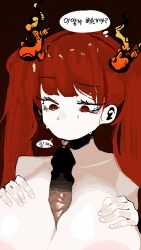 1boy 1girls 8!0ck alyssa_(limbus_company) big_breasts blush breasts female fire hair_ornament licking_penis limbus_company looking_at_penis nude paizuri penis_between_breasts project_moon red_eyes red_hair shadow sweat tears text translation_request twintails