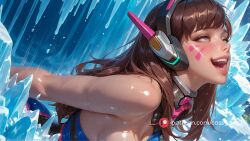 ahe_gao ai_generated arched_back blush bodysuit booty brown_eyes brown_hair cute cute_face d.va facial_markings female female_only firm_ass flashing_breasts ice latex long_hair open_mouth overwatch perky_breasts petite petite_body petite_breasts rolling_eyes slender_body slim_waist small_breasts smile thin uwu