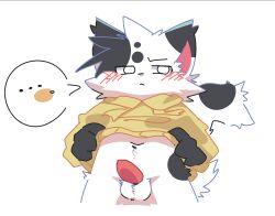 2025 anthro balls black_ear_tips black_hands black_tail blush blush_lines clothing dipstick_ears domestic_cat ear_markings erection felid feline felis fur genitals grey_body grey_fur hands_on_sides holding_clothing holding_object holding_shirt holding_topwear looking_away looking_down male mammal multicolored_body multicolored_ears multicolored_fur navel penis ranshinumeda334 shirt simple_background solo speech_bubble tail topwear two_tone_body two_tone_fur white_background white_body white_fur white_tail yellow_clothing yellow_shirt yellow_topwear zelnodo