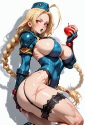 ahoge ai_generated alternate_breast_size alternate_costume apple armband armor ass black_lips blonde_hair blue_gloves blue_headwear blue_leotard blue_lips blush braid braided_ponytail breasts cammy_white cleavage cosplay covered_navel covered_nipples eyeshadow female fingerless_gloves fingernails food food_bite forehead fruit garrison_cap garter_straps gloves green_lips hat highleg highleg_leotard holding holding_food holding_fruit huge_ahoge large_breasts leg_up leotard lips lipstick long_hair looking_at_viewer looking_to_the_side makeup muscular open_mouth pauldrons red_apple red_eyes ribbed_leotard scar scar_on_cheek scar_on_face shadow shiny_skin shoulder_armor shoulder_pads sideboob simple_background solo thick_thighs thigh_strap thighhighs thighs toned twin_braids very_long_hair white_background