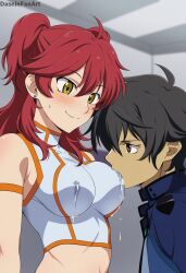 1boy 1girls ai_generated female_villain freckles freckles_on_face ginger ginger_female ginger_hair gundam gundam_00 hazel_eyes hero_on_villainess interracial lactating lactating_nipples lactation large_breasts mobile_suit_gundam nena_trinity pale-skinned_female pale_skin setsuna_f_seiei stud_earrings sucking_nipples tan-skinned_male tan_skin twintails twintails_(hairstyle) villainess yellow-eyed_female yellow_eyes