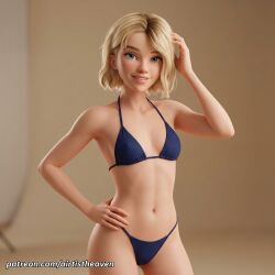 1girls ai_generated airtist artist_name bikini bikini_bottom bikini_top black_hair blonde_hair bra female female_focus female_only girl girly gwen_stacy gwen_stacy_(spider-verse) hand_on_waist high_quality high_resolution highres marvel navel nipple_bulge panties patreon patreon_url patreon_username seducing seduction seductive seductive_body seductive_eyes seductive_gaze seductive_look seductive_mouth seductive_pose small_breasts standing thong underwear web_address white_body
