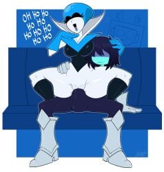 1boy 1girls absurd_res age_difference armored_boots artist_signature big_breasts big_bulge bottomless bottomless_female box_on_head breasts bulge bulge_between_ass_cheeks character_in_background commission deltarune duo fat_mons female gloves hand_on_another's_head hand_on_waist hi_res higher_resolution huge_bulge imminent_sex kris_(deltarune) large_breasts large_bulge laughing lipstick male male/female mehdrawings mehlewds milf noelle_holiday open_mouth pussy queen_(deltarune) reverse_cowgirl_position seated shadowed_eyes shaved_pussy sitting_on_bulge sitting_on_lap sitting_on_person smiley_face spread_legs squatting squatting_on_bulge straddling straight teasing thick_thighs thighs thin_waist white_border