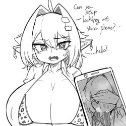 1:1 1boy 1girls adelia_(changbae) big_breasts blush bodily_fluids bra breasts cellphone changbae cleavage clothed clothing cum cum_in_mouth cum_inside ear_piercing english_text fellatio female genital_fluids genitals goblin goblin_female greeting highres huge_breasts humanoid juxtaposition looking_at_viewer male monochrome oral penile penis phone photo photo_comparison piercing sex shortstack solo text underwear vein veiny_penis