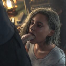 1boy1girl 3d big_penis blonde_hair blowjob blue_eyes cinematic_lighting clothed fellatio female grace_ashcroft grace_ashcroft_(julia_pratt) image leon_scott_kennedy light-skinned_male male oral oral_sex penis project_vega resident_evil resident_evil_9:_requiem sucking_penis