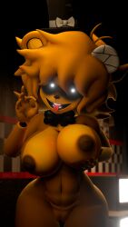 3d animatronic ass big_ass big_breasts big_butt big_thighs blowjob blowjob_face bowtie breasts five_nights_at_freddy's fredina's_nightclub golden_freddy_(fnaf) golden_fredina_(cally3d) goldie grabbing grabbing_breasts hips pussy robot robot_girl solo television thick_pussy thick_thighs type_09 white_eyes