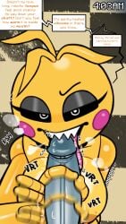 4k 9:16 absurd_res animatronic areola artist_name big_breasts big_penis bird's-eye_view black_eyebrows black_sclera blonde_hair blush blush_stickers breasts dialogue english_text eyebrows eyelashes first_person_view five_nights_at_freddy's five_nights_at_freddy's_2 genitals hair handjob hi_res high-angle_view humanoid_genitalia humanoid_penis licking looking_at_viewer machine nipples oral orange_areola orange_nipples penile penis penis_lick pink_blush pink_tongue pupils robot scottgames sex sharp_teeth short_hair speech_bubble straight tdtbaa teeth text tongue tongue_out toy_chica_(fnaf) watermark white_eyes white_pupils yellow_body