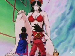annin_(dragon_ball) barefoot breasts chichi dark_hair dragon_ball earrings edit edited giantess light-skinned_female light_skin long_hair screencap screenshot screenshot_edit son_goku thighs