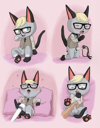 absurd_res animal_crossing anthro arms_tied balls blonde_hair blush bodily_fluids bound canid canine chibi cum disembodied_hand domestic_cat erection eyewear felid feline felis fox fur genital_fluids genitals glasses grey_body grey_fur hair handjob hi_res hitachi_magic_wand kit_fox machine male male_focus male_only mammal milking_machine nintendo orgasm pawpads penile penis penis_milking raymond_(animal_crossing) sex sex_toy solo vibrator video_games