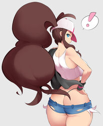 1girls aged_up ass ass_cleavage big_ass blue_eyes brown_hair butt_crack eye_contact female female_only from_behind hat hilda_(pokemon) huge_breasts human long_hair looking_at_viewer looking_back nac000 nintendo pokemon pokemon_bw ponytail short_shorts shorts sideboob skimpy_clothes solo source_request tank_top thick_thighs thong wide_hips