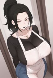 ai_generated apron big_breasts black_lipstick expressionless female female_only goth jewlery looking_at_viewer milf ponytail serious stable_diffusion whisperinggale