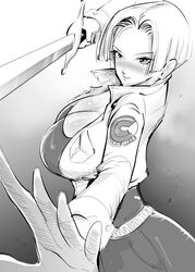 1girls breasts cleavage dragon_ball dragon_ball_z female female_trunks future_trunks gender_transformation genderswap huge_breasts monochrome rule_63 short_hair sideboob smiling sword trunks_briefs