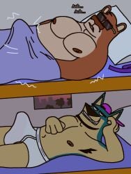3:4 anthro armpit_hair backwards_baseball_cap backwards_hat baseball_cap beard bed bedroom blue_body blue_fur blue_sheets body_hair briefs briefs_only bunk_bed canid canine clothed clothing cougar covers_off duo eddicus erection erection_in_briefs erection_in_underwear erection_under_clothing facial_hair felid feline fur furniture grey_text hand_under_covers hat headgear headwear hi_res male male/male mammal masturbating_under_covers masturbation moan motion_lines muscular muscular_male navel nipples open_mouth open_smile palm_tree pillow plant poster purple_baseball_cap smile teeth_showing tighty_whities tongue_showing topless topless_anthro topless_male tree under_covers underwear underwear_only white_briefs white_clothing white_pillow white_underwear